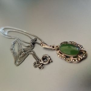 Art Deco 30s Genuine Jade and Rose Cut Marcasite Sterling Silver Pendant
